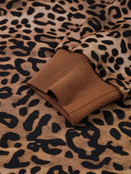 Leopard Print Contrast Trim Long Sleeve Top and Pants Set