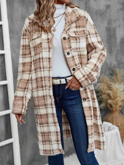 Plaid Fleece Button Up Longline Outerwear