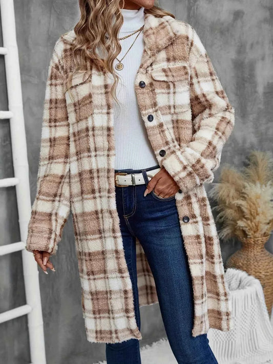 Plaid Fleece Button Up Longline Outerwear
