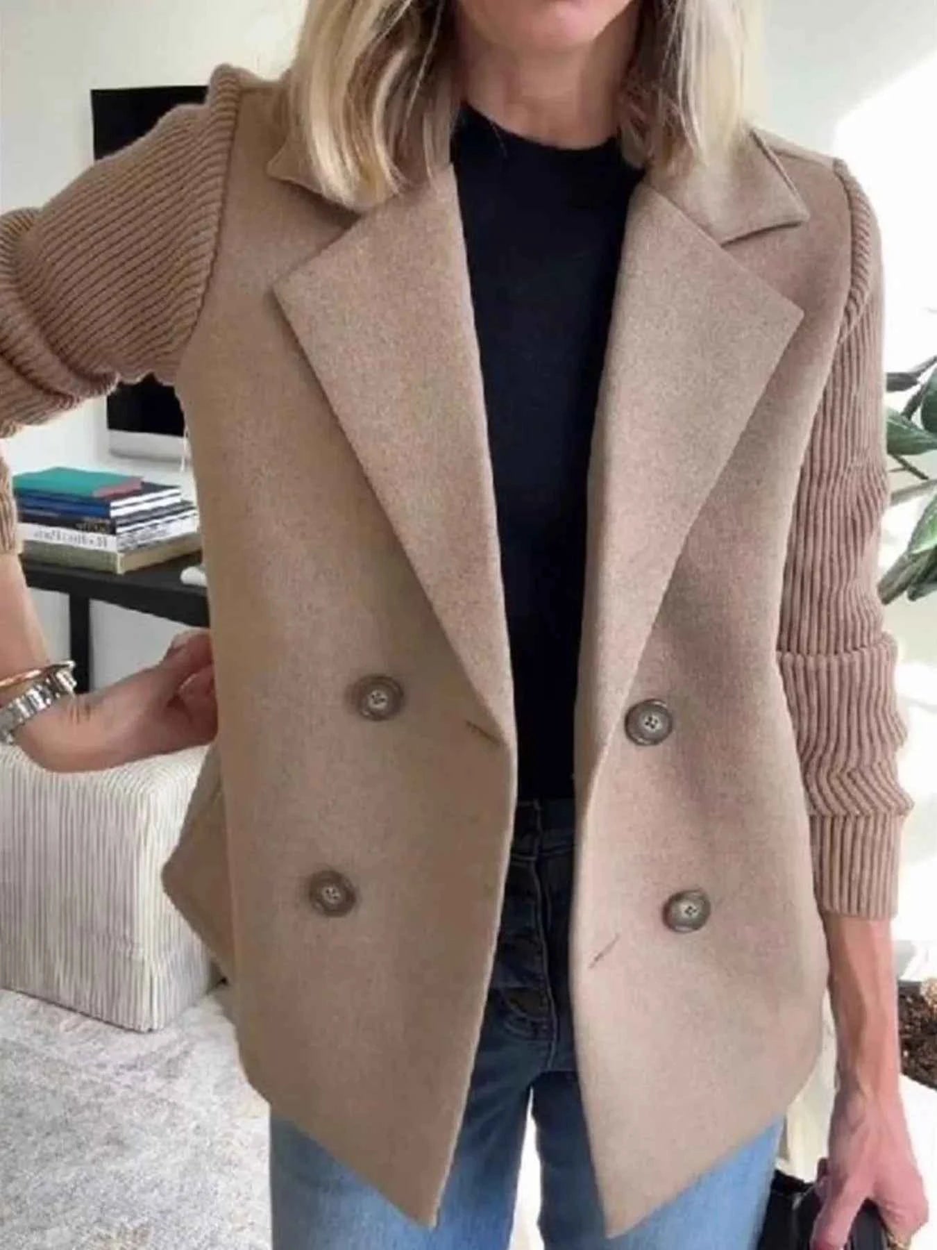 Full Size Knit Sleeve Double-Breasted Outerwear Plus Size