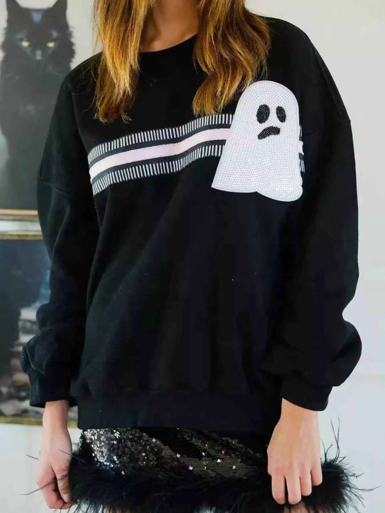 Halloween Sequin Round Neck Sweatshirt