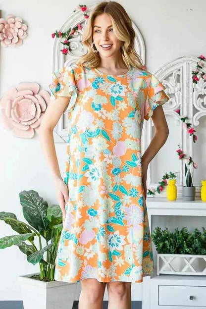 Heimish Full Size Ruffled Short Sleeve Floral Mini Dress Plus Size