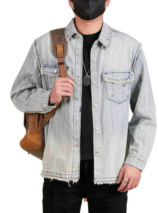 Men's Plus Size Washed Striped Denim Shirt