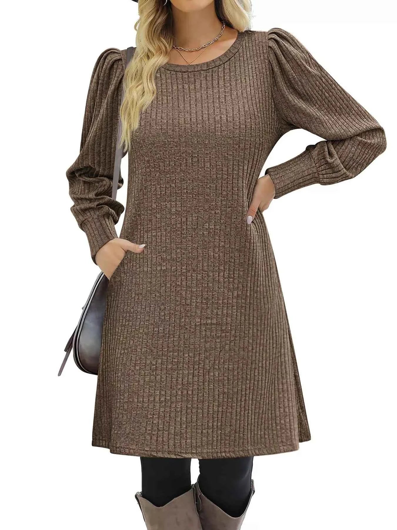 Ribbed Knit Puff Sleeve Casual Mini Dress