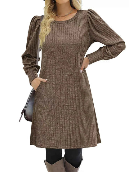 Ribbed Knit Puff Sleeve Casual Mini Dress
