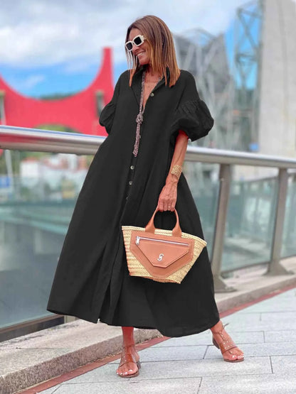 Plus Size Button Front Puff Sleeve Shirt Dress