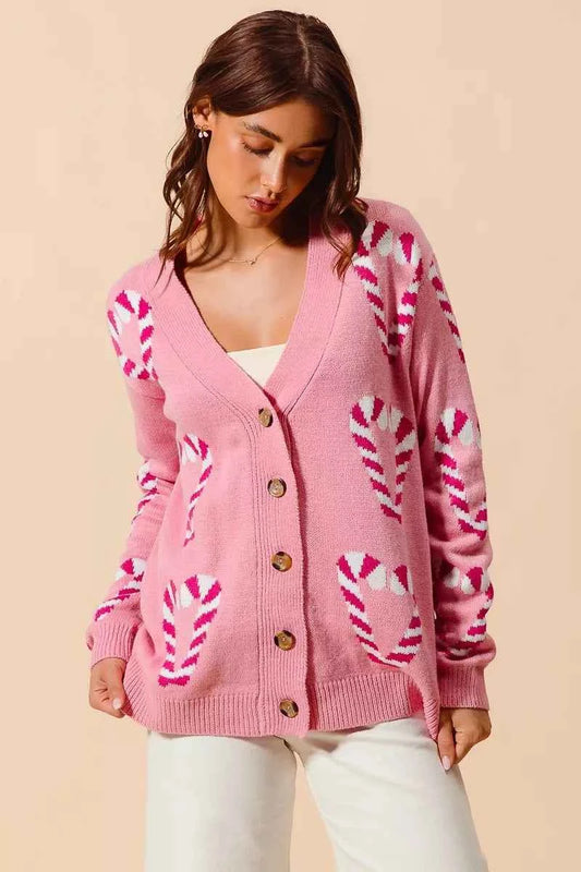 SO ME Christmas Candy Cane Button Front Sweater Cardigan