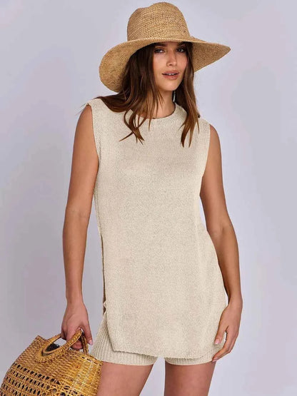 Side Slit Round Neck Tank and Ribbed Shorts Sweater Set