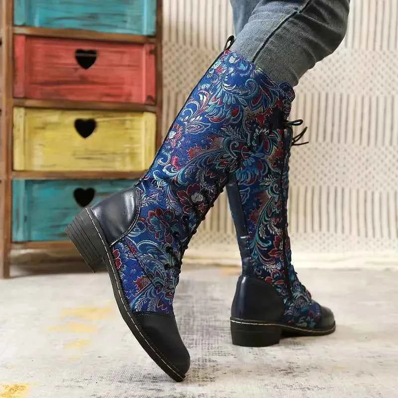 Embroidered Lace-Up Knee High Boots