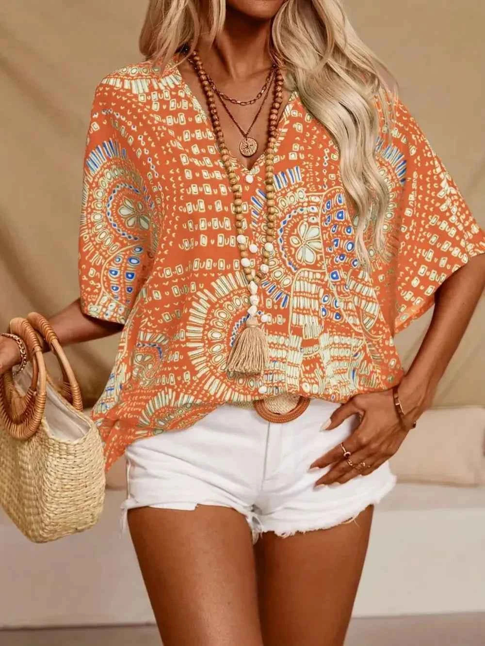 Printed V-Neck Half Sleeve Top
