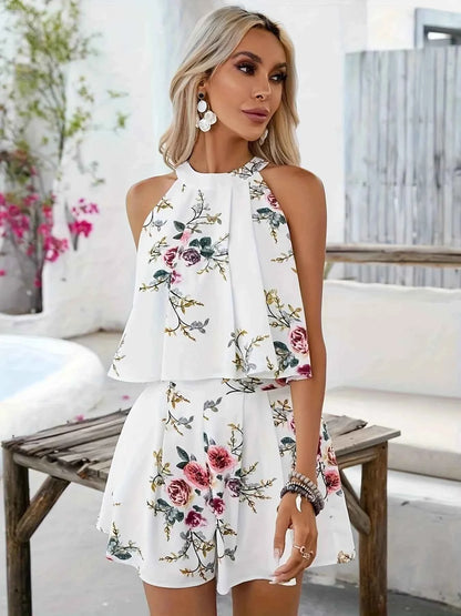 Floral Print Halter Neck Top and Shorts Two-Piece Summer Set