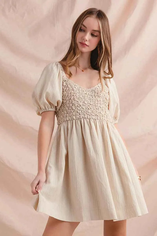 SO ME Textured Woven Daily Dress with Puff Sleeves