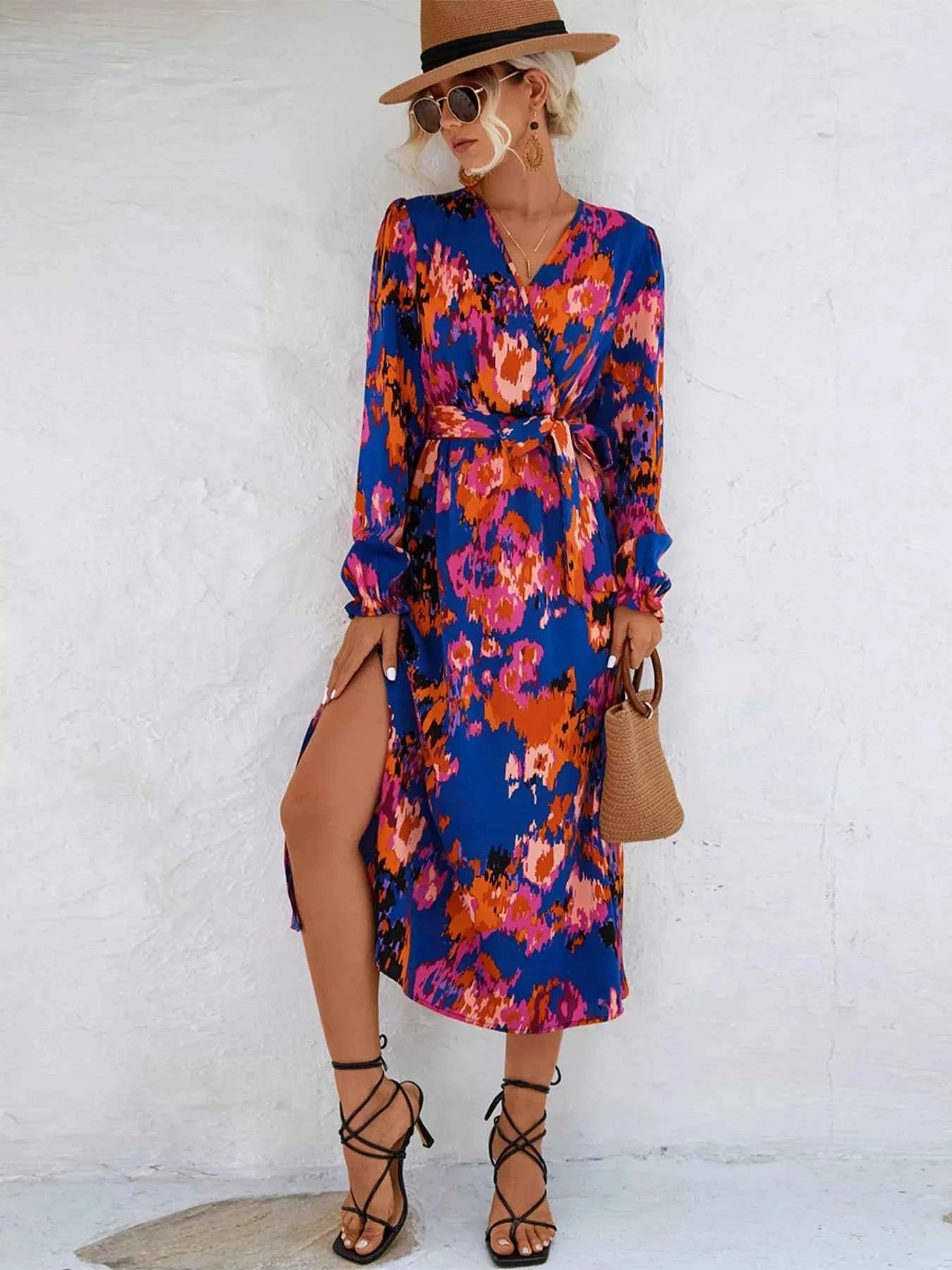 Printed Surplice Long Sleeve Midi Dress