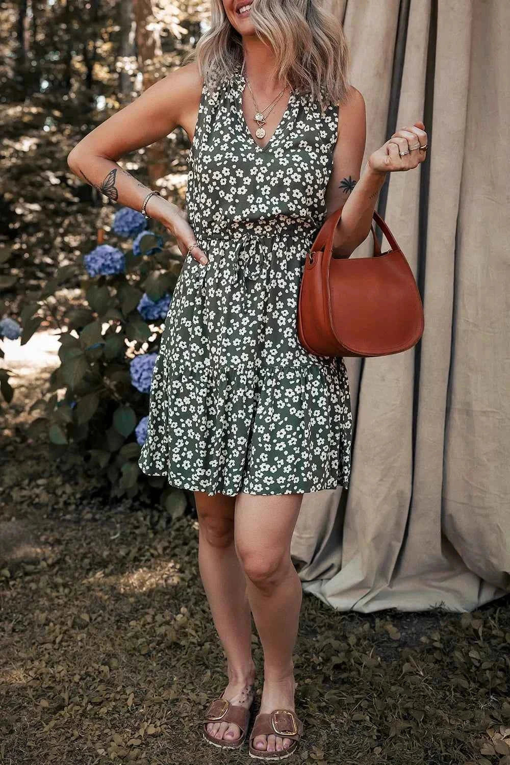 Boho Floral Print V Neck Tunic Sleeveless Dress