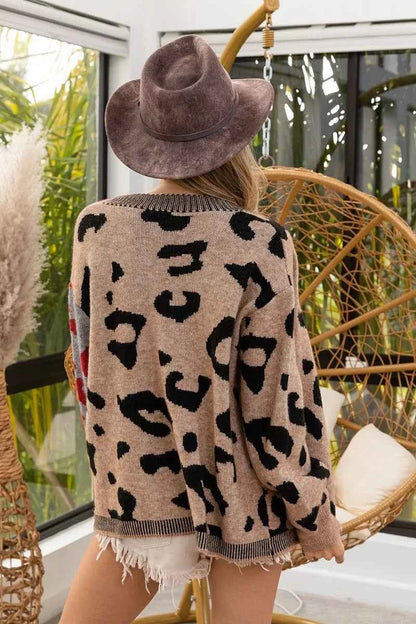BiBi Leopard Color Block Button Down Sweater Cardigan