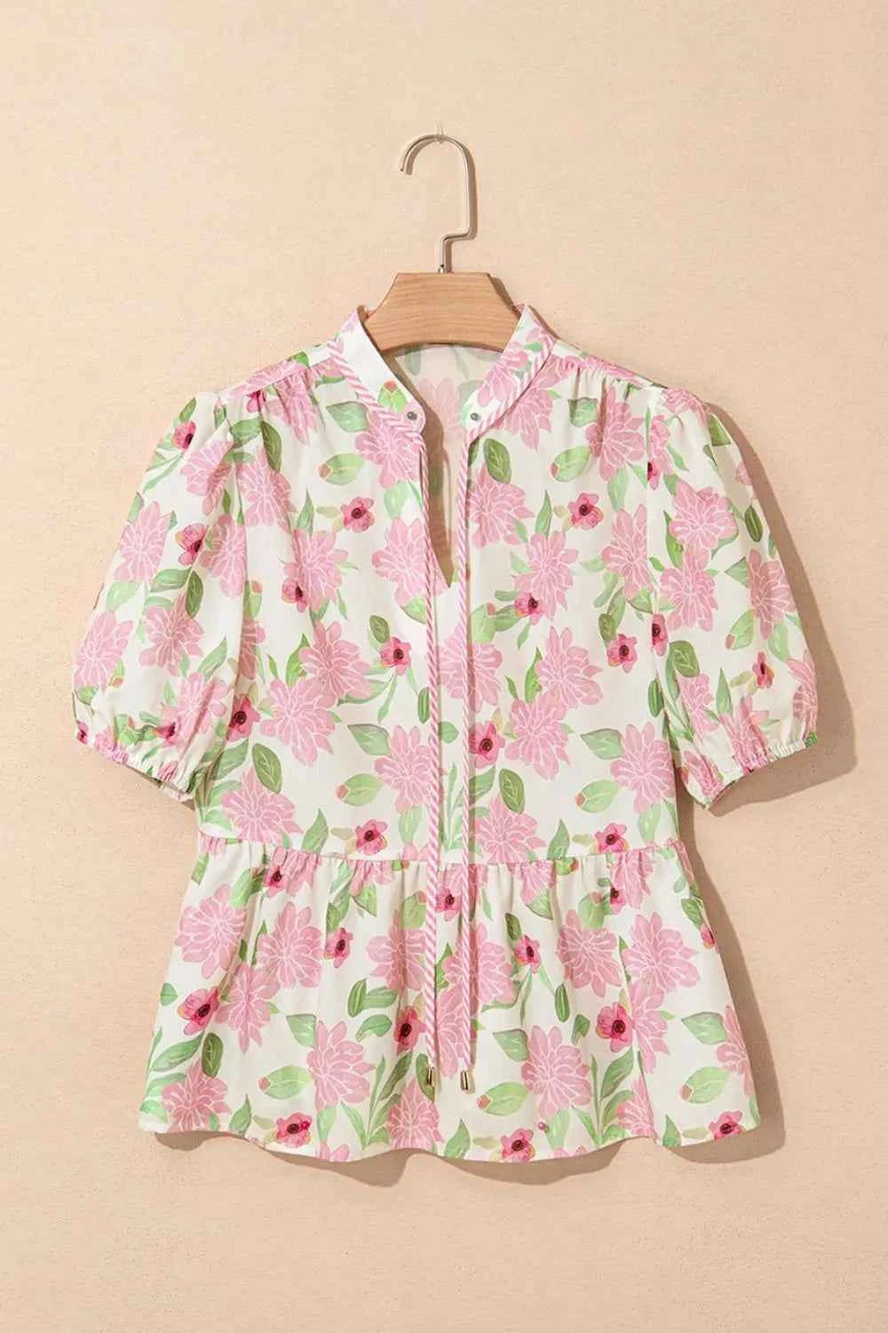 Printed Tie Neck Short Sleeve Blouse