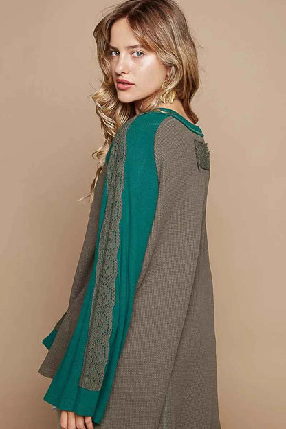POL Scoop Neck Contrast Long Sleeve Top with Lace Detail