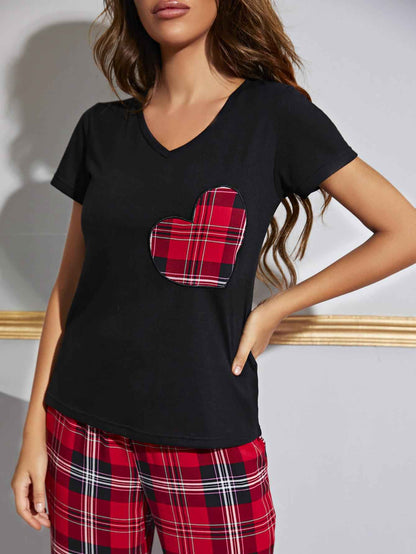 Heart Graphic V-Neck Top and Plaid Pants Lounge Set