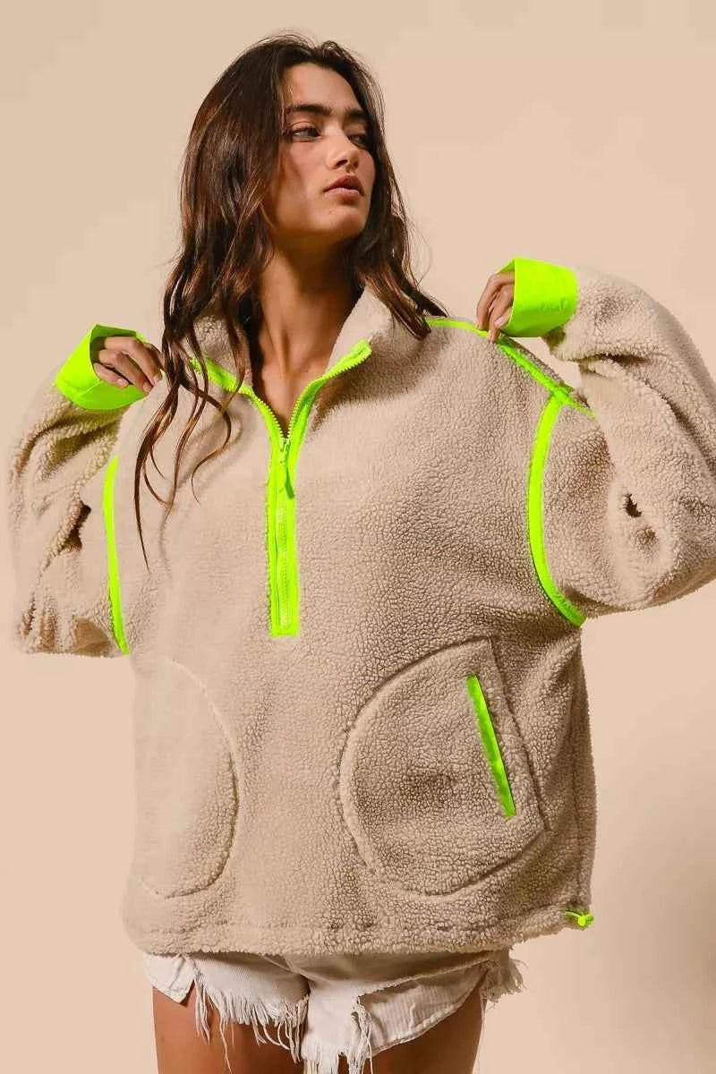 BiBi Contrast Edge Half Zip Up Sherpa Jacket