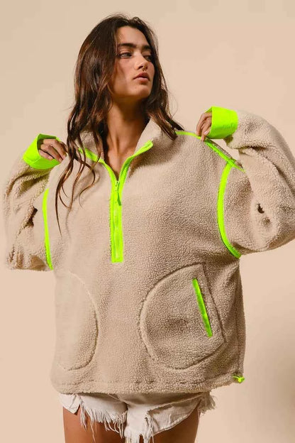 BiBi Contrast Edge Half Zip Up Sherpa Jacket