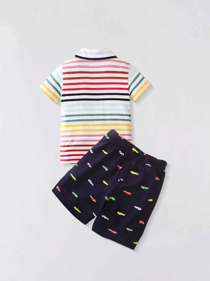 Children's Colorful Striped Polo Shirt and Car Print Shorts Set