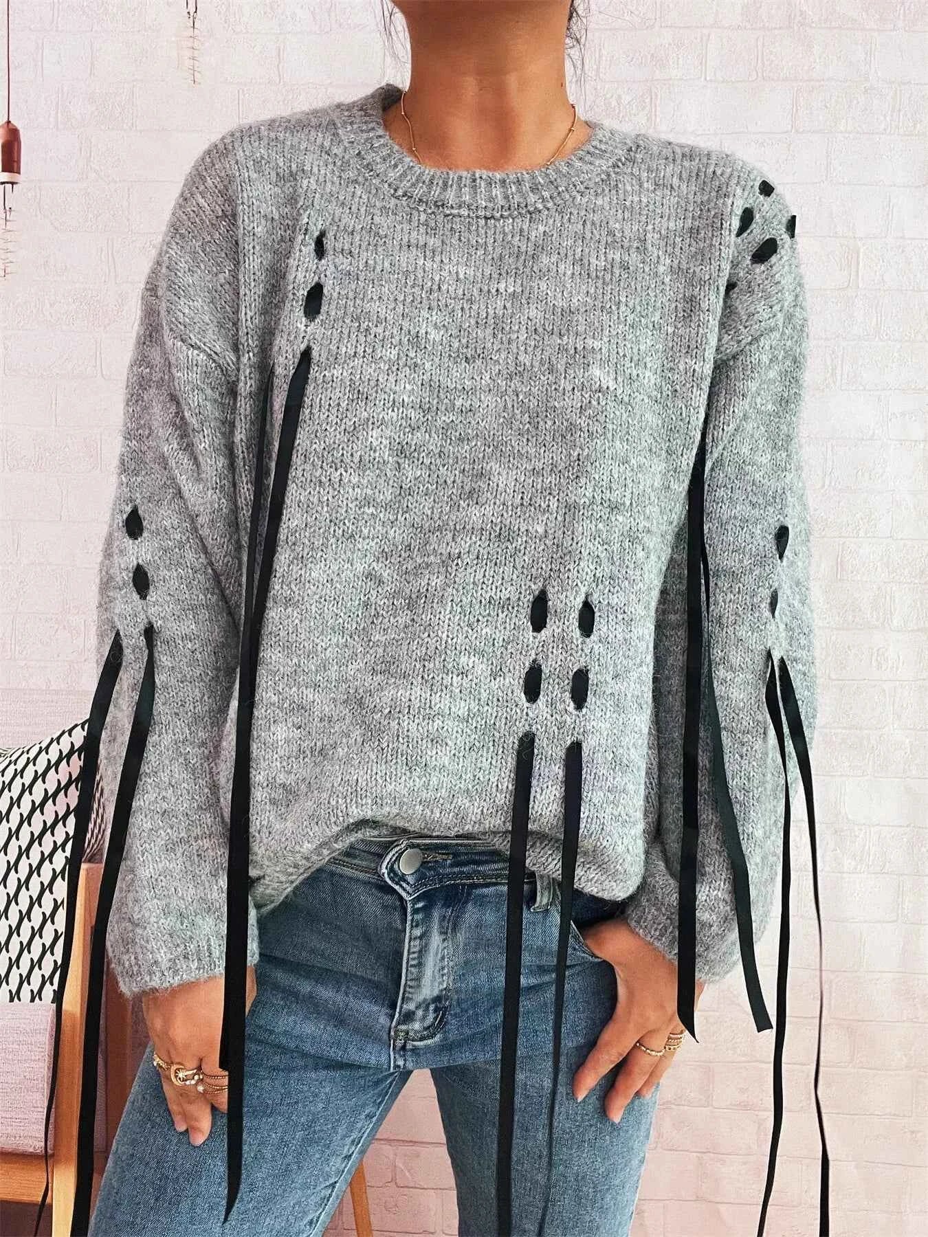 Round Neck Long Sleeve Sweater with Ribbon Details
