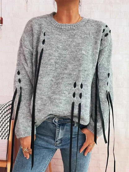 Round Neck Long Sleeve Sweater with Ribbon Details