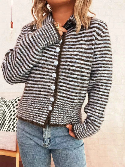 Striped Button-Up Long Sleeve Cardigan
