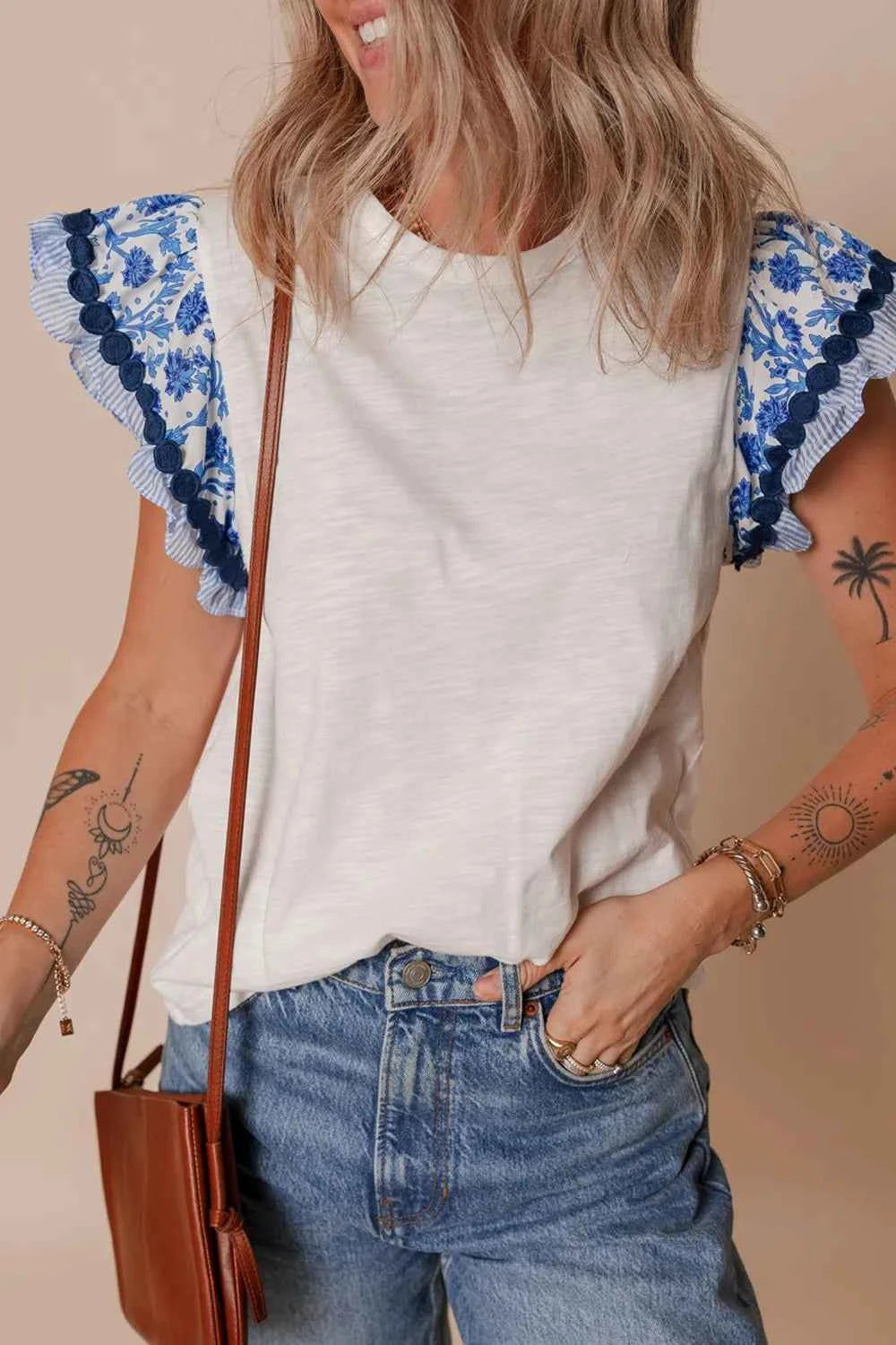 Round Neck Printed Ruffled Cap Sleeve Blouse