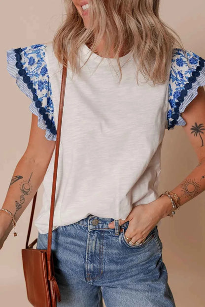 Round Neck Printed Ruffled Cap Sleeve Blouse