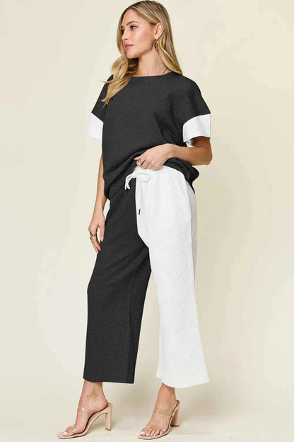 Double Take Full Size Texture Contrast T-Shirt and Wide Leg Pants Set
