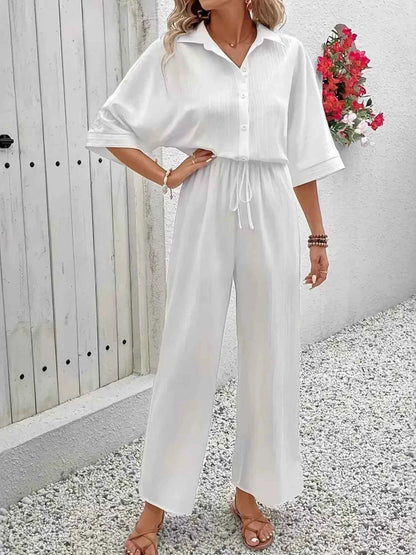 Button Front Half Sleeve Wide Leg Jumpsuit