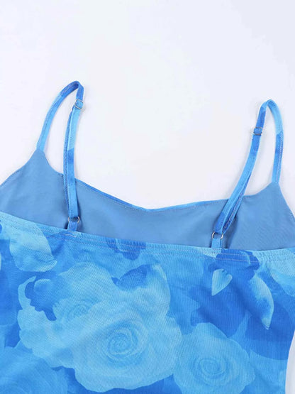 Floral Print Spaghetti Strap Mesh Mini Dress