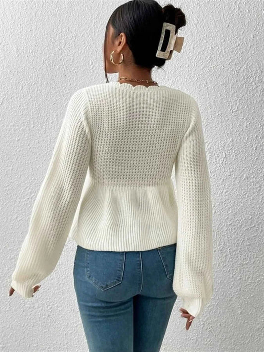 Scalloped V-Neck Drawstring Knit Top