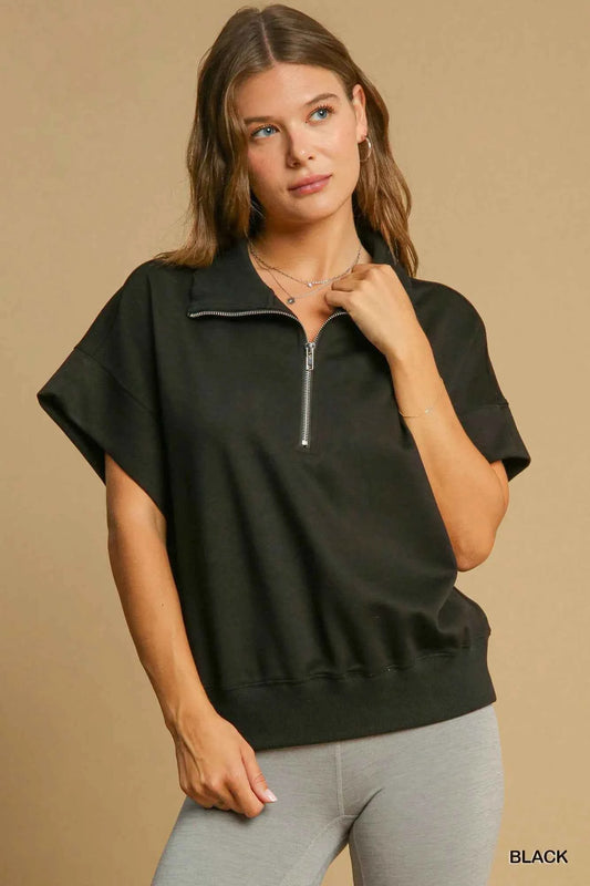 Umgee Full Size Half-Zip Short Sleeve Top Plus Size