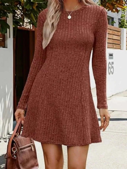Ribbed Knit Long Sleeve A-Line Dress