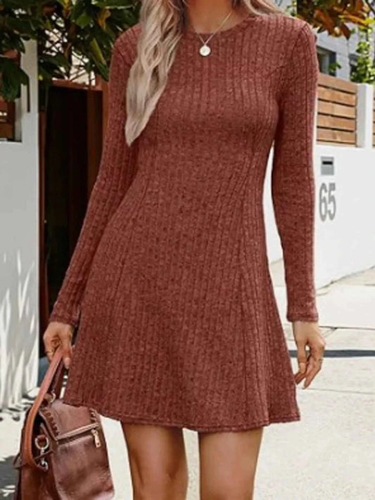 Ribbed Knit Long Sleeve A-Line Dress