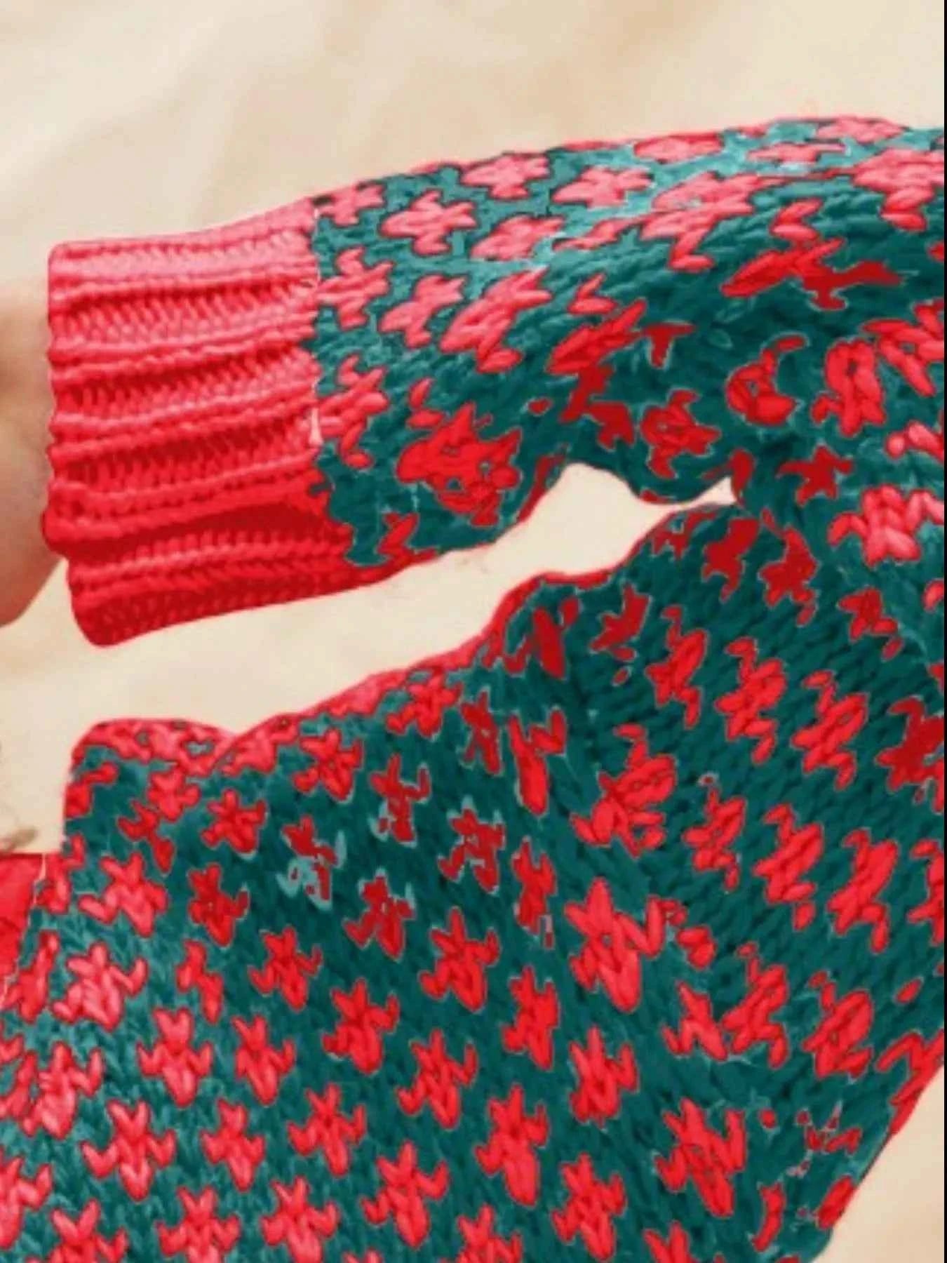 SO ME Color Block Textured Christmas Sweater V Neck Top