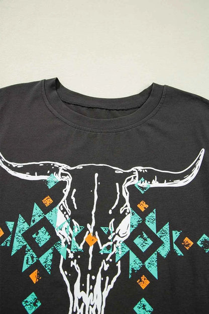Bull Head Skull Round Neck Short Sleeve T Shirt