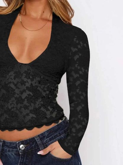 Floral Lace Long Sleeve Deep V-Neck Blouse with Scalloped Hem