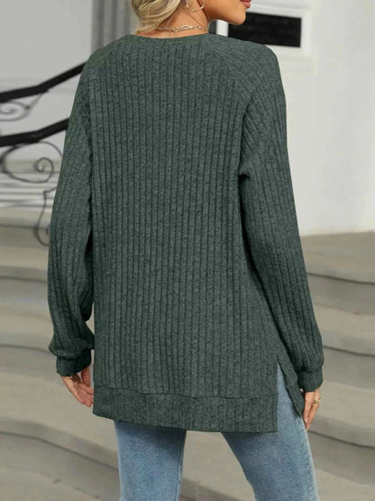 Round Neck Side Slit Ribbed Knit Top with Asymmetric Button Detail