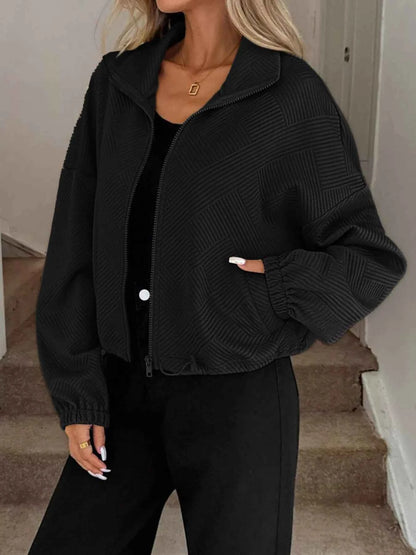 Drawstring Hem Textured Long Sleeve Jacket