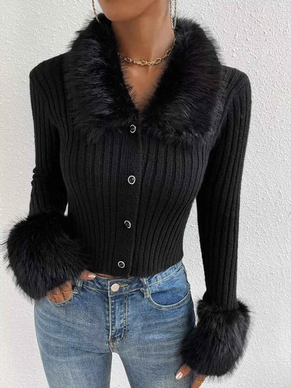 Faux Fur Trim Ribbed Knit Cropped Cardigan