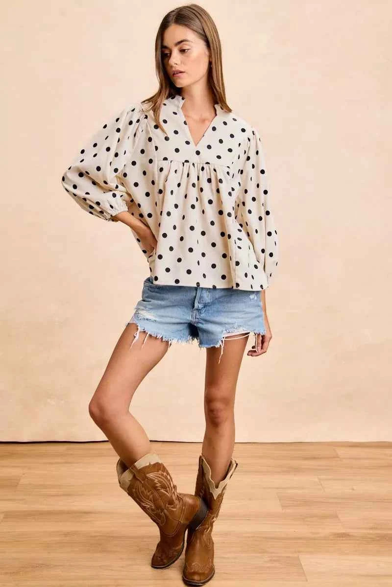 BiBi Polka Dot Corduroy Quarter Sleeves V Neck Blouse