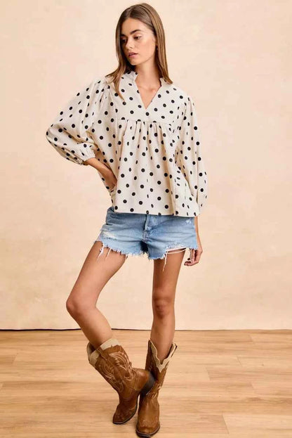 BiBi Polka Dot Corduroy Quarter Sleeves V Neck Blouse