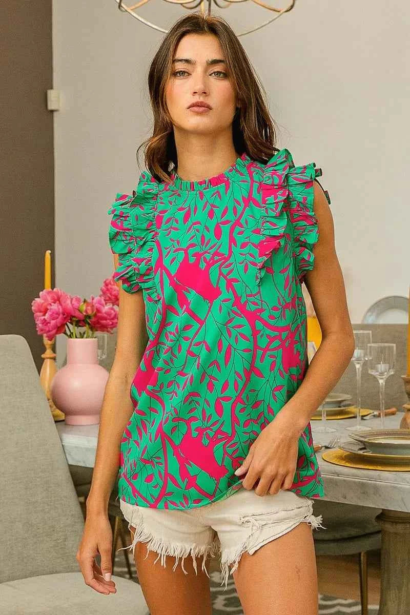 BiBi Leopard Leaves Print Woven Top