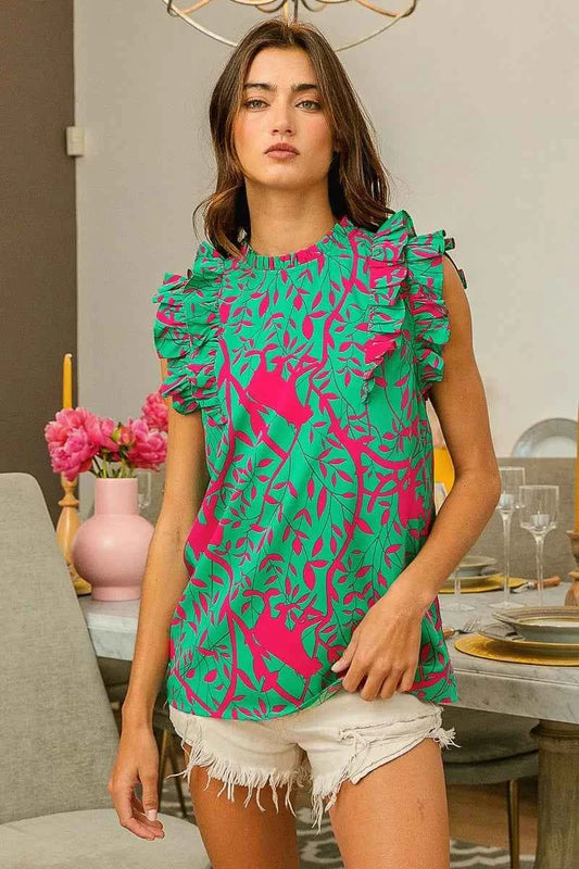 BiBi Leopard Leaves Print Woven Top