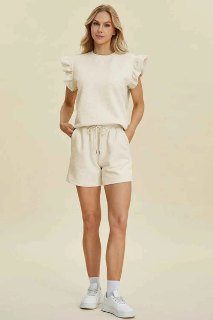 Double Take Full Size Texture Round Neck Ruffle Sleeve Top and Shorts Set