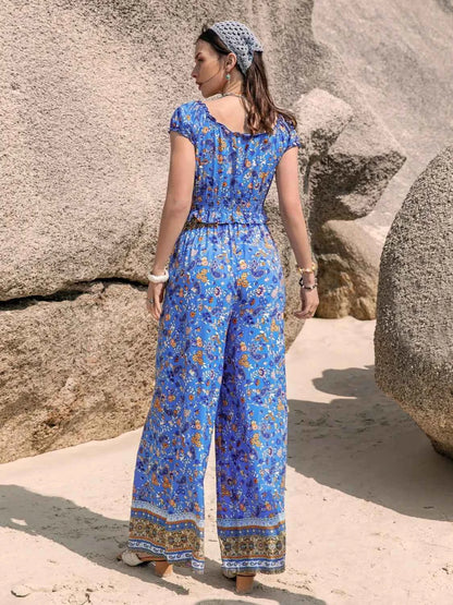 Printed V-Neck Top and Pants Set