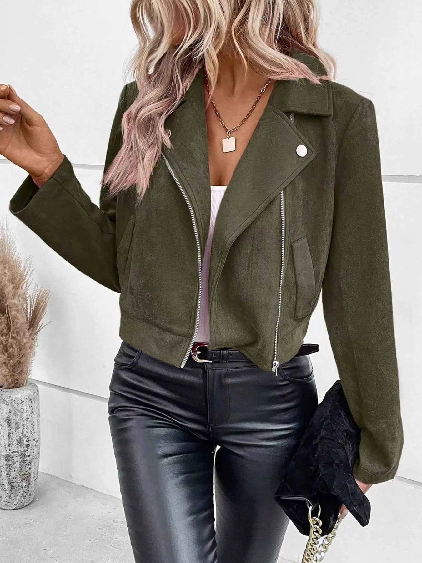 Suede Moto Jacket with Zip Detail